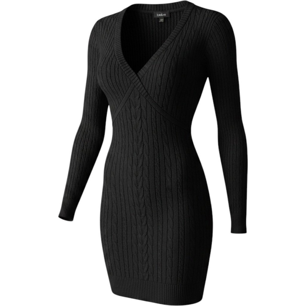 Bebe Womens Black Ribbed Cable Knit V-Neck Long Sleeve Mini Dress Small USA